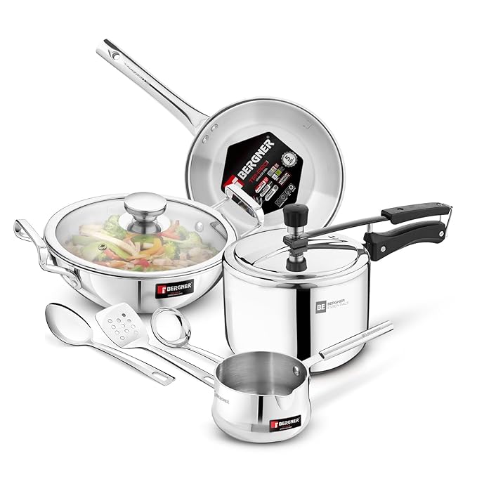 Bergner BE Essentials Tripro Tri-Smart Induction Bottom 8 Pcs Gift Set - 3L Inner Lid Pressure Cooker