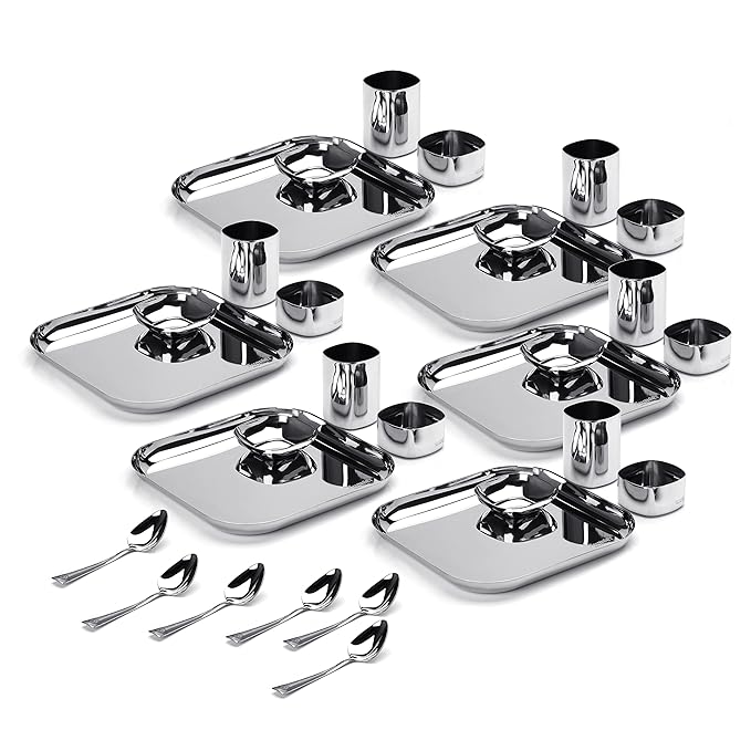 Sumeet Square Stainless Steel Heavy Gauge Mirror Finish Dinner set of 30 Pc (6 Plate, 6 Halwa Plate, 6 Bowl, 6 Glass, 6 Spoon)