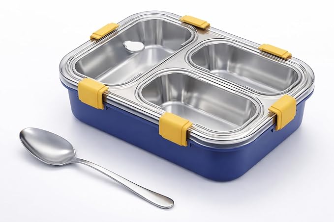 Umadiya® 3 Compartment Lunch Box Insulated Air Tight BPA Free Lunch Box, Stainless Steel 100% Leak Proof Lunch Containers with a Fork